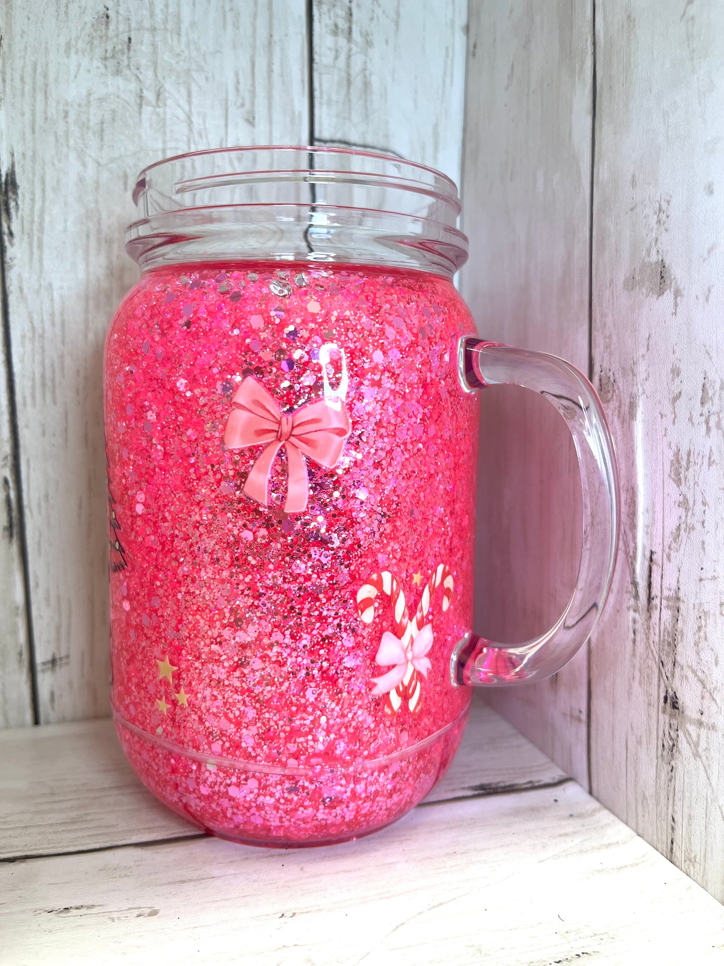 RTS {Pink Christmas} 20oz Mason Jar Snow Globe