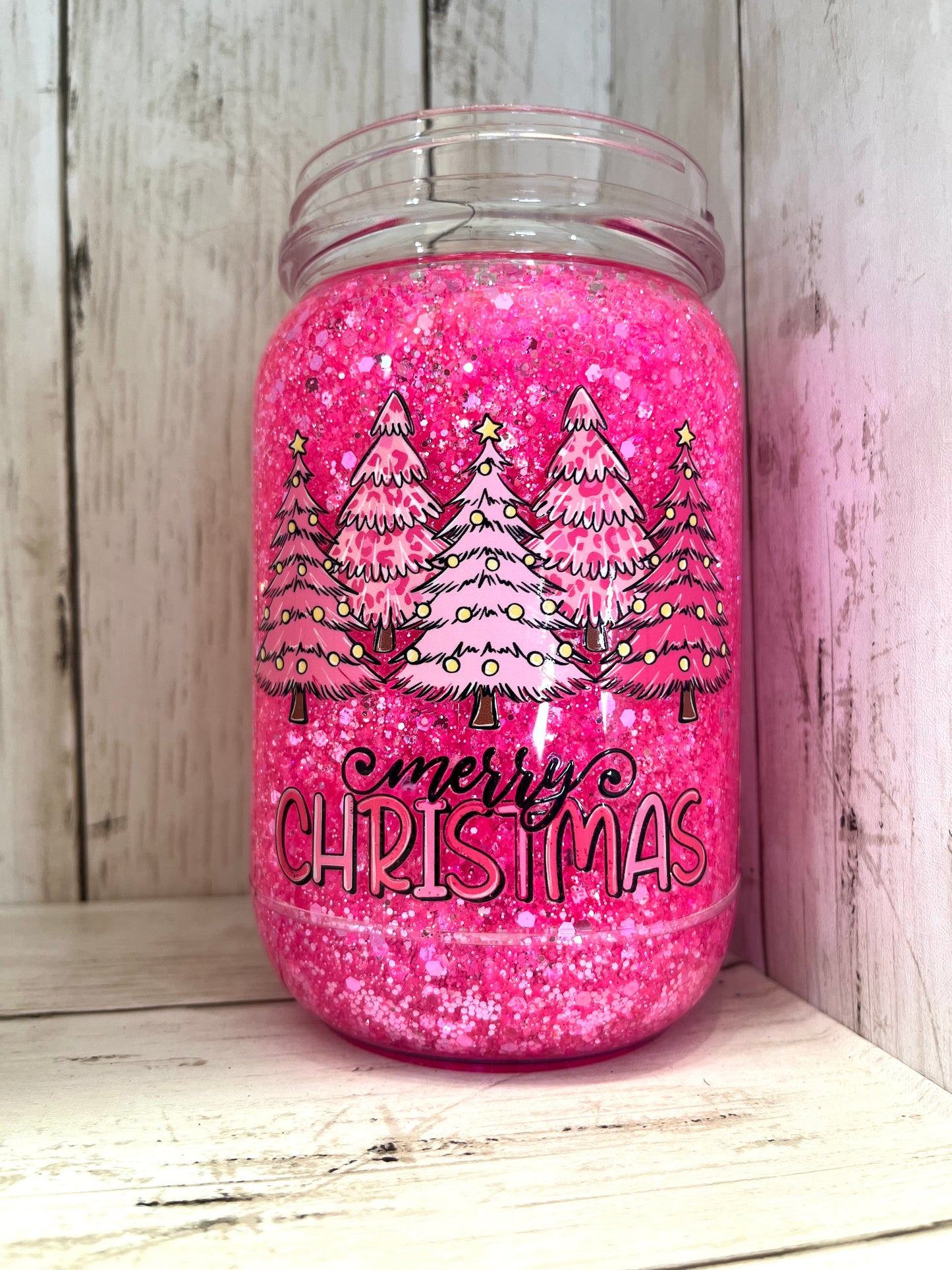 RTS {Pink Christmas} 20oz Mason Jar Snow Globe